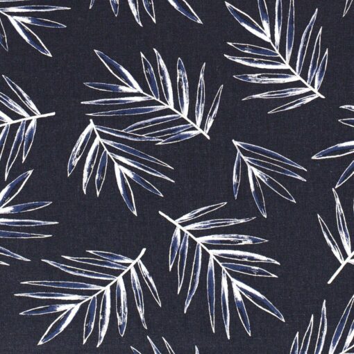 Half linen fabric printed leaves navy - Van Mook Stoffen