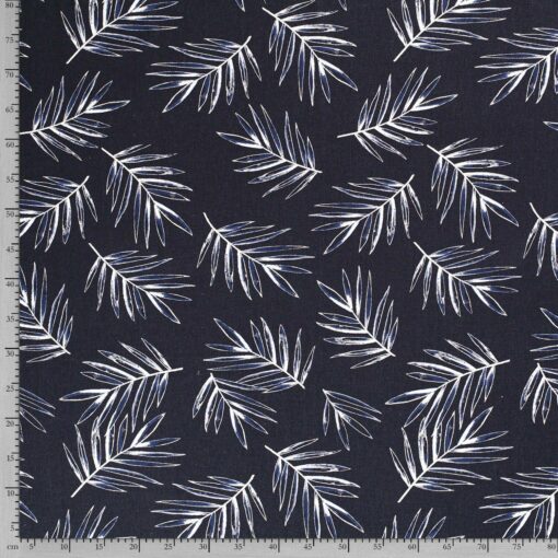 Half linen fabric printed leaves navy