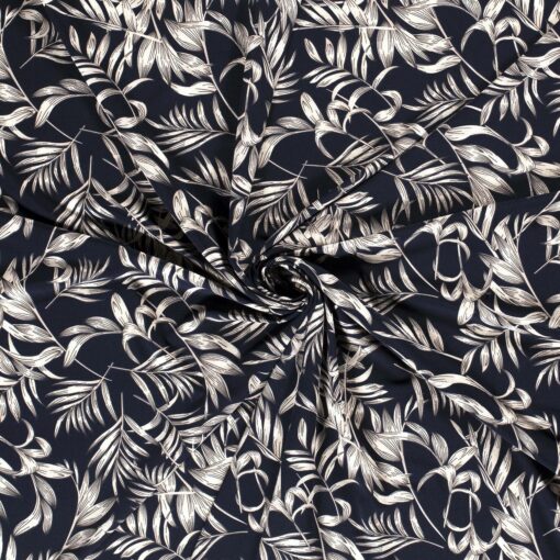 Polyester mix fabric printed leaves navy - Van Mook Stoffen