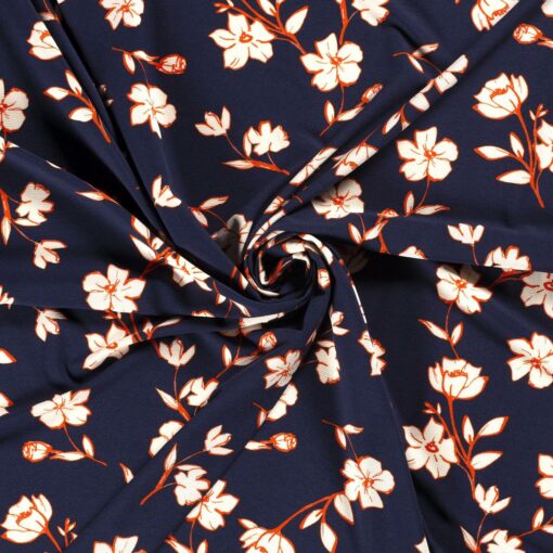 Polyester mix fabric printed flowers navy - Van Mook Stoffen